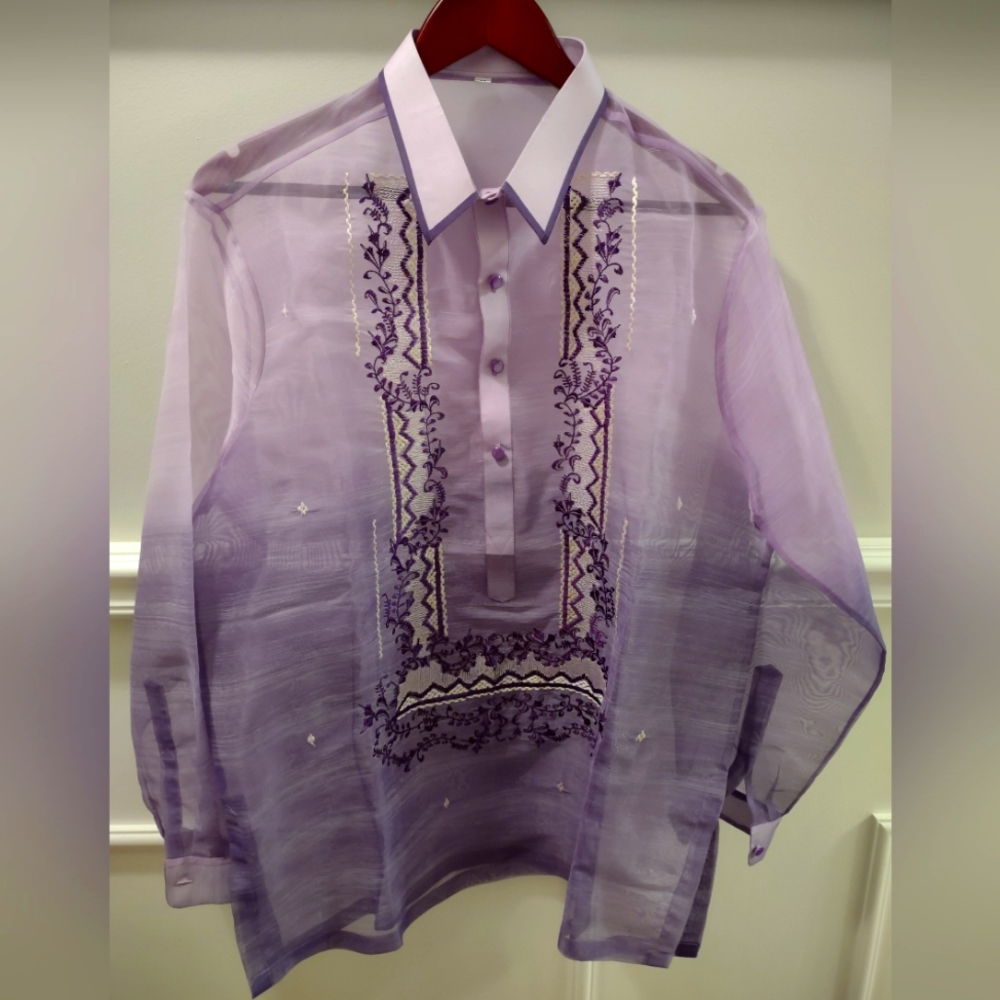 Barong Tagalog - Traditional Men's Formal Shirt/Purple size M